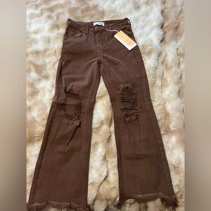 Frayed Hem Brown Flare Jeans